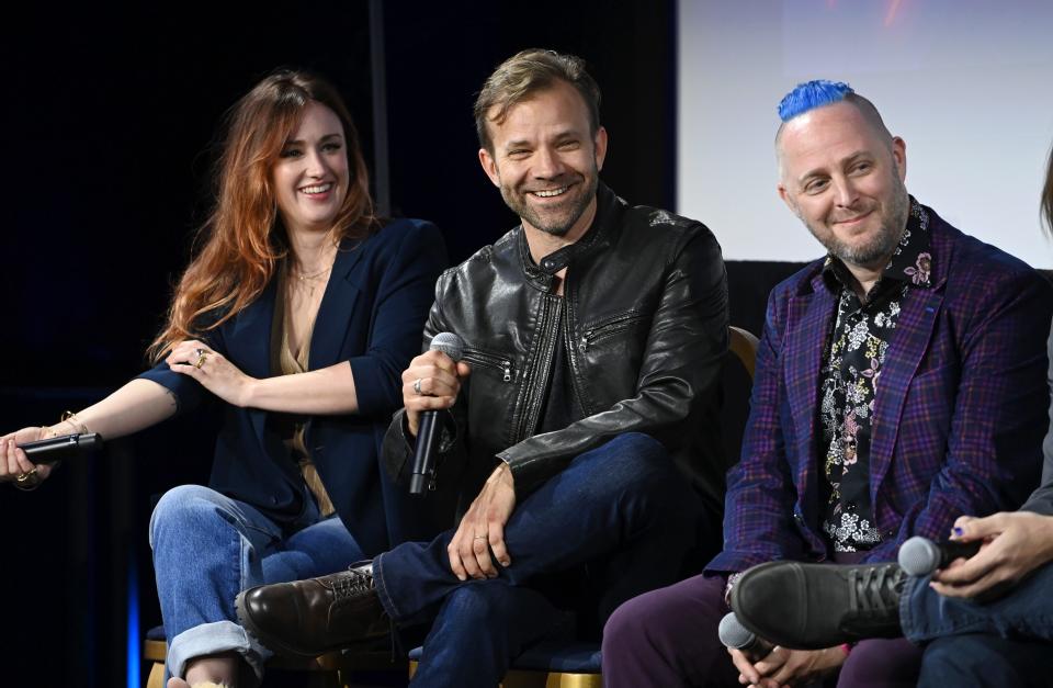 Ashley Johnson, Liam O'Brien and Taliesin Jaffe attend The Prime Experience: Saturday Morning Cartoons Ft. "The Boys Presents: Diabolical", "Fairfax" & "The Legend of Vox Machina" on May 07, 2022 in Beverly Hills, California. 