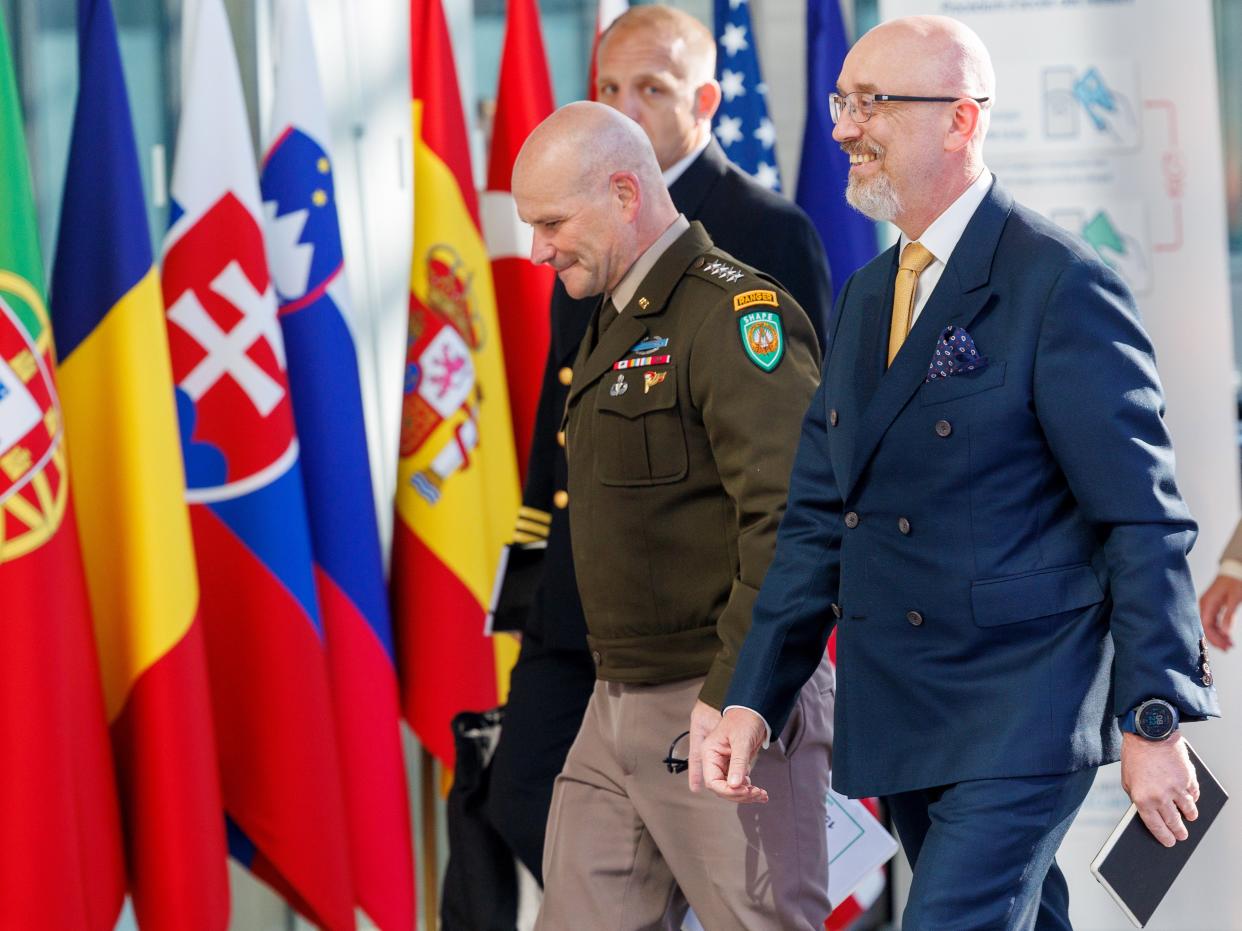 Ukraine’s defence minister Oleksii Reznikov arrives for the Nato meeting in Brussels (EPA/OLIVIER MATTHYS)