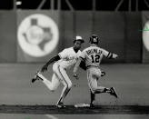 June 9, 1989: Tony Fernandez glides towards second; beating Detroit's Mike Brumley to the bag and applying the tag in early-inning action at the SkyDome. (Photo by Mike Slaughter/Toronto Star via Getty Images)