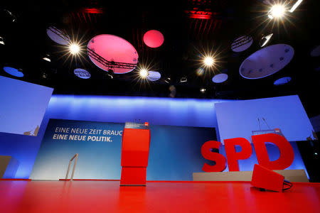 The podium is seen before Germany's Social Democratic Party (SPD) leader Martin Schulz's arrival for the inspection of the upcoming SPD party congress in Bonn, Germany, January 20, 2018. REUTERS/Wolfgang Rattay