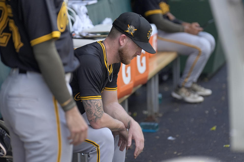 Pittsburgh Pirates pitcher Bailey Falter sits in the dugout during the seventh inning of a baseball game against the Chicago Cubs, Saturday, May 18, 2024, in Chicago. (AP Photo/Charles Rex Arbogast)