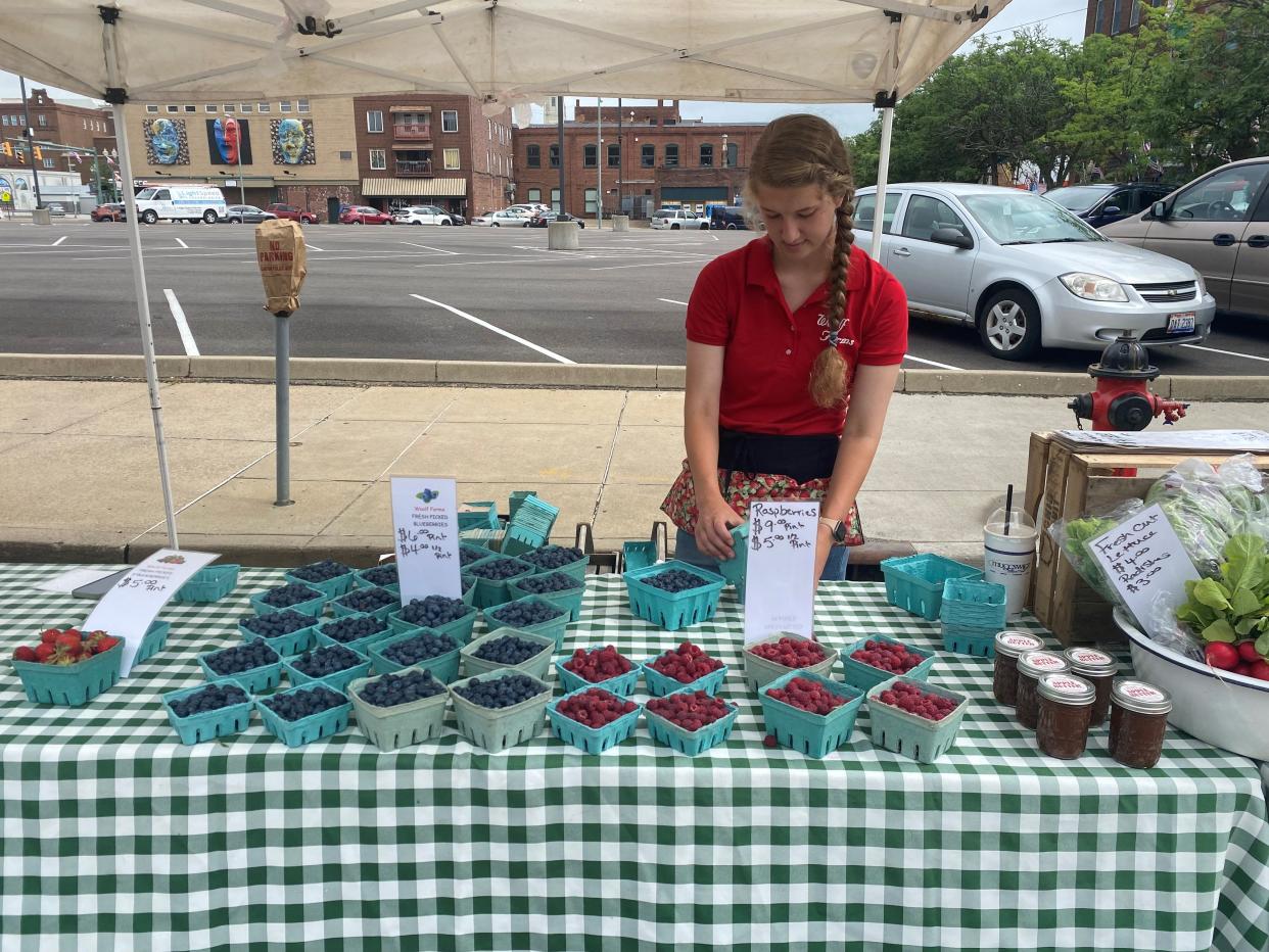 Ciara Casto of Woolf Farms sells berries during the Canton Farmers Market in downtown Canton. The market is open each Saturday through Oct. 7.