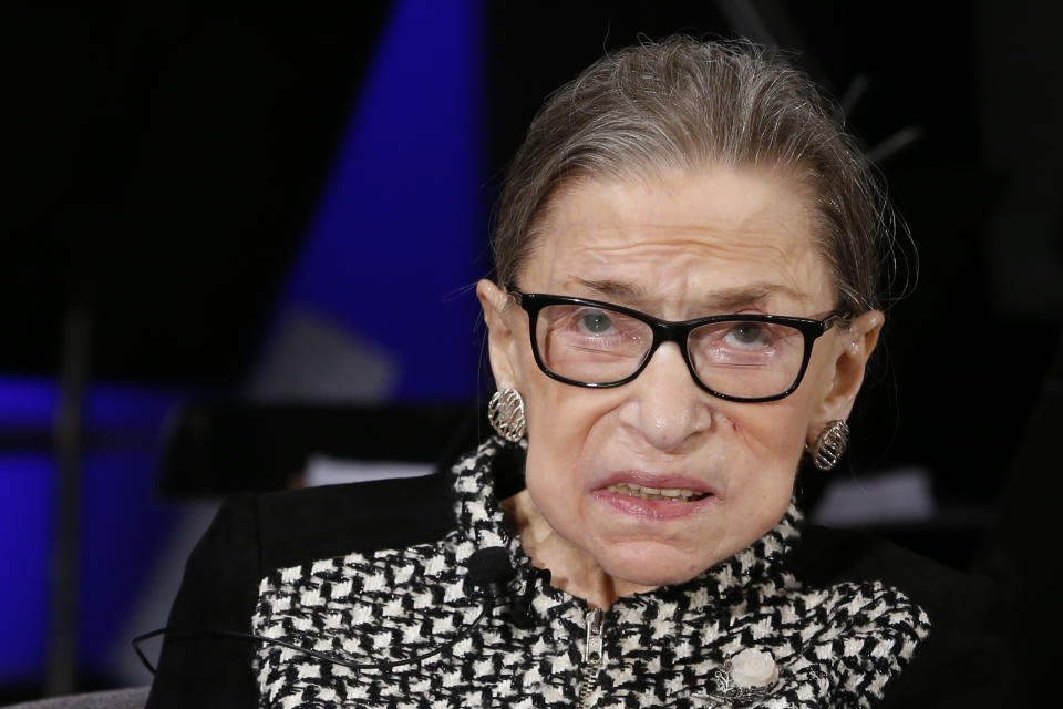 Supreme Court Justice Ruth Bader Ginsburg looks up as she speaks about the antics of her son as she speaks with author Jeffrey Rosen at the National Constitution Center Americas Town Hall at the National Museum of Women in the Arts, Tuesday, Dec. 17, 2019 in Washington. (AP Photo/Steve Helber)