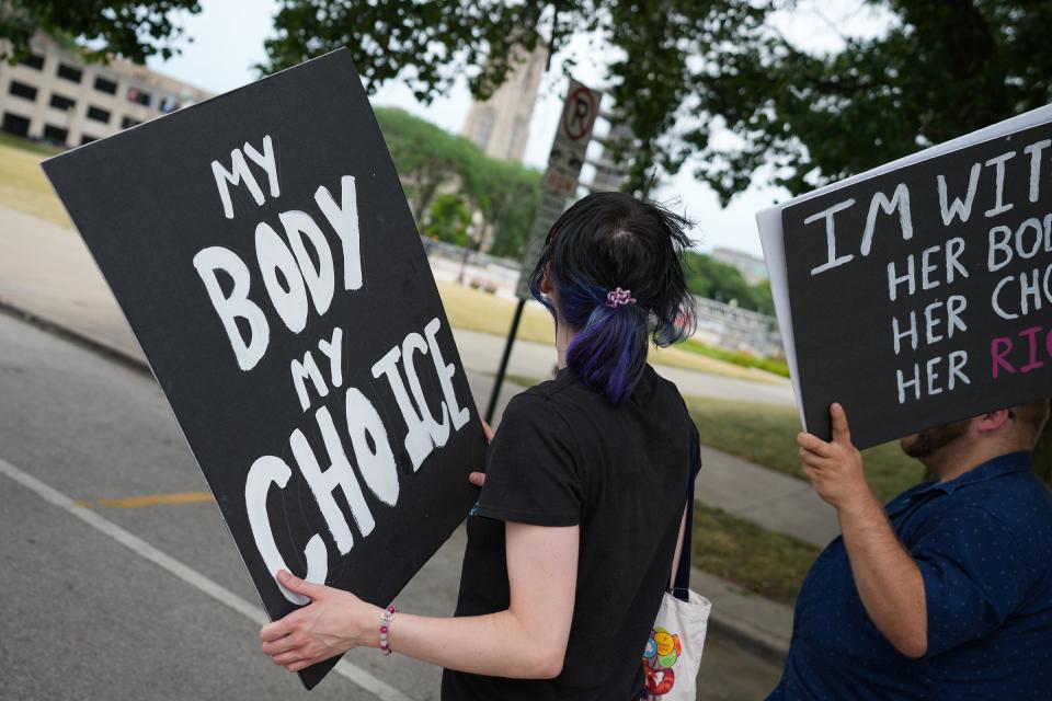 Demonstrators rally for abortion rights on Saturday, June 25, 2022, at the Indiana Statehouse in Indianapolis. The rally turned into a march around the city. There was also an anti-abortion rally held in the afternoon. 