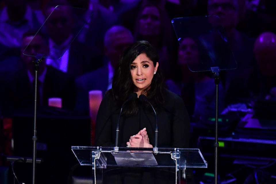 Kobe Bryant's wife, Vanessa Bryant, speaks during the "Celebration of Life for Kobe and Gianna Bryant" service at Staples Center in Los Angeles on Feb. 24, 2020. (Photo: FREDERIC J. BROWN/AFP via Getty Images)