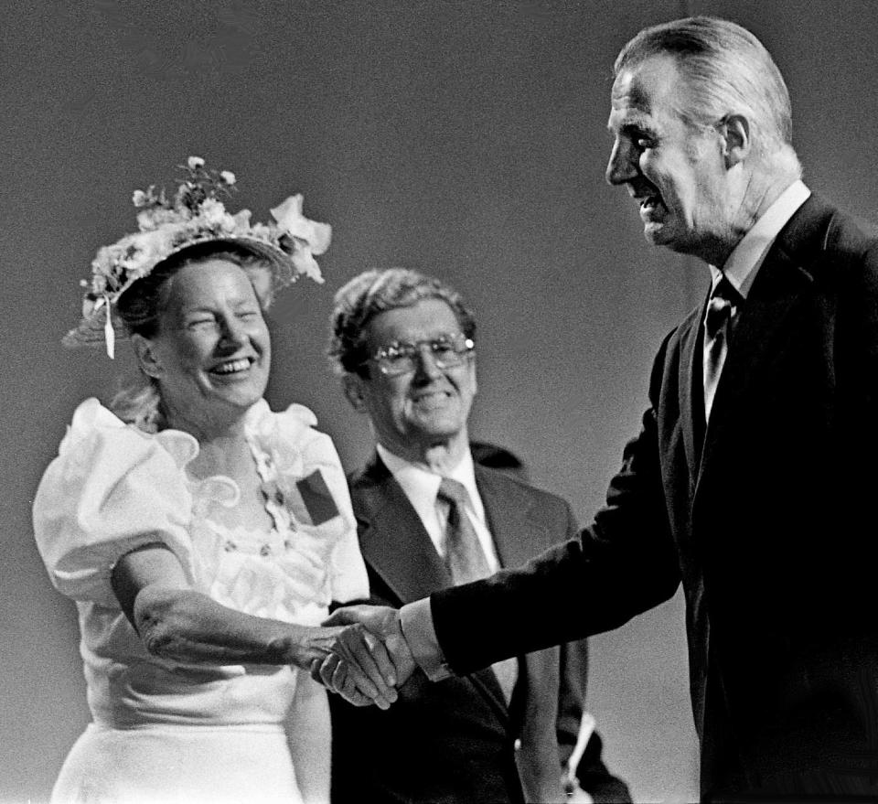 Vice President Spiro Agnew, right, is greeted by Minnie Pearl, left, as Roy Acuff waits his turn during the start of his Southern campaign tour at the Ryman Auditorium Sept. 21, 1972.