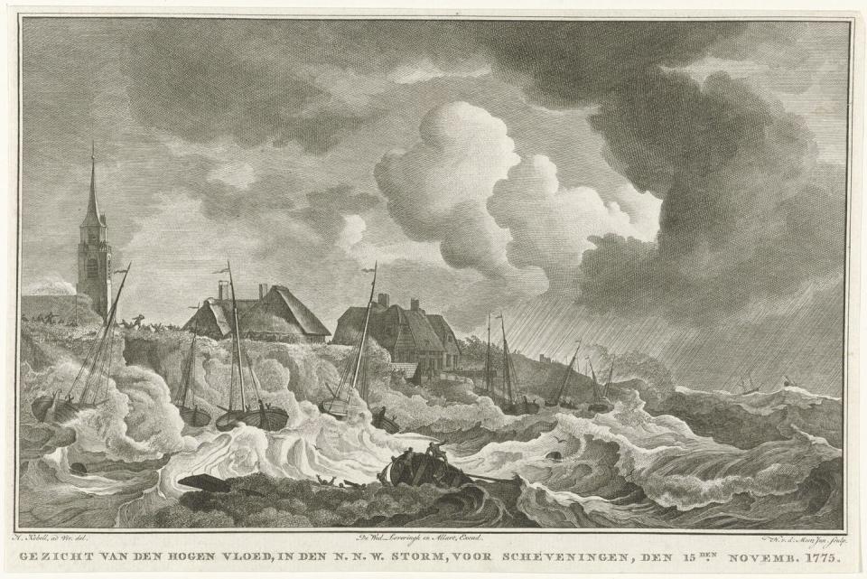 <span class="caption">Disastrous storms, like one in 1775 in the Netherlands, were documented by engravers and other artists.</span> <span class="attribution"><a class="link " href="https://www.rijksmuseum.nl/en/collection/RP-P-OB-84.965" rel="nofollow noopener" target="_blank" data-ylk="slk:Noach van der Meer II, after Hendrik Kobell;elm:context_link;itc:0;sec:content-canvas">Noach van der Meer II, after Hendrik Kobell</a></span>