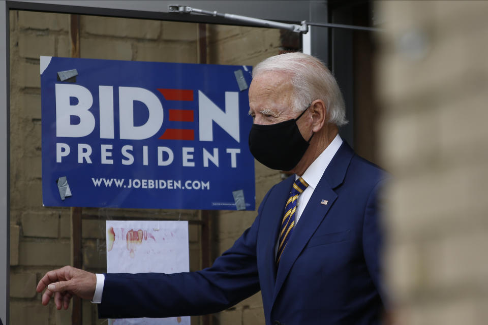 Democratic presidential candidate, former Vice President Joe Biden arrives for a meeting with small business owners, Wednesday, June 17, 2020, in Yeadon, Pa. (AP Photo/Matt Slocum)