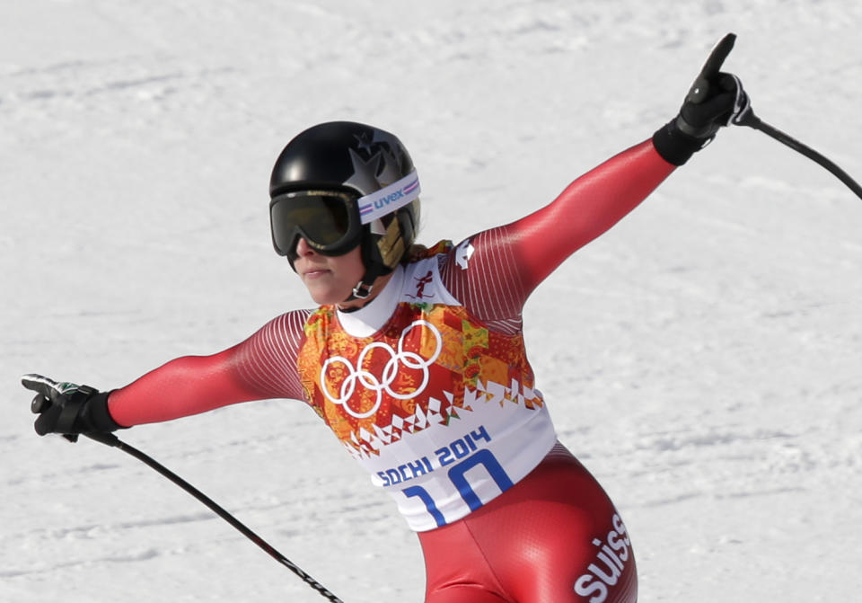 Switzerland's Lara Gut finishes in the downhill portion of the women's supercombined at the Sochi 2014 Winter Olympics, Monday, Feb. 10, 2014, in Krasnaya Polyana, Russia. (AP Photo/Gero Breloer)