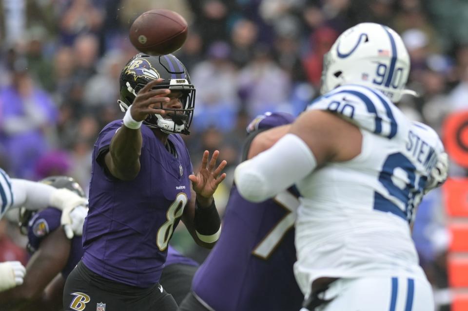 Sep 24, 2023; Baltimore, Maryland, USA; Baltimore Ravens quarterback Lamar Jackson (8) throws from the pocket during the first quarter against the Indianapolis Colts at M&T Bank Stadium. Mandatory Credit: Tommy Gilligan-USA TODAY Sports