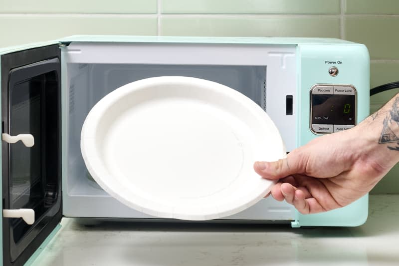 head on shot of a white paper plate being placed into the open microwave