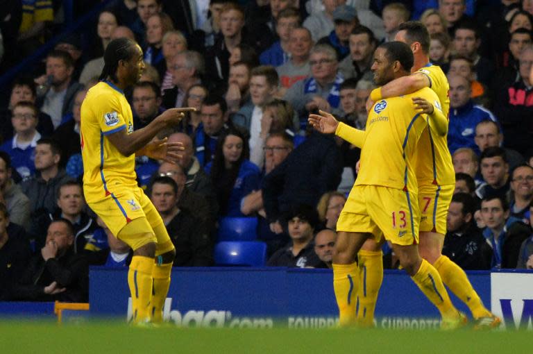 Crystal Palace's English midfielder Jason Puncheon (2-R) celebrates scoring a goal at Goodison Park in Liverpool on April 16, 2014