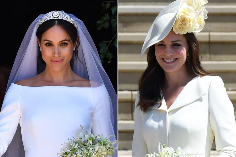 Prince Harry, Duke of Sussex and his wife Meghan, Duchess of Sussex leave from the West Door of St George's Chapel; Catherine (R), Duchess of Cambridge