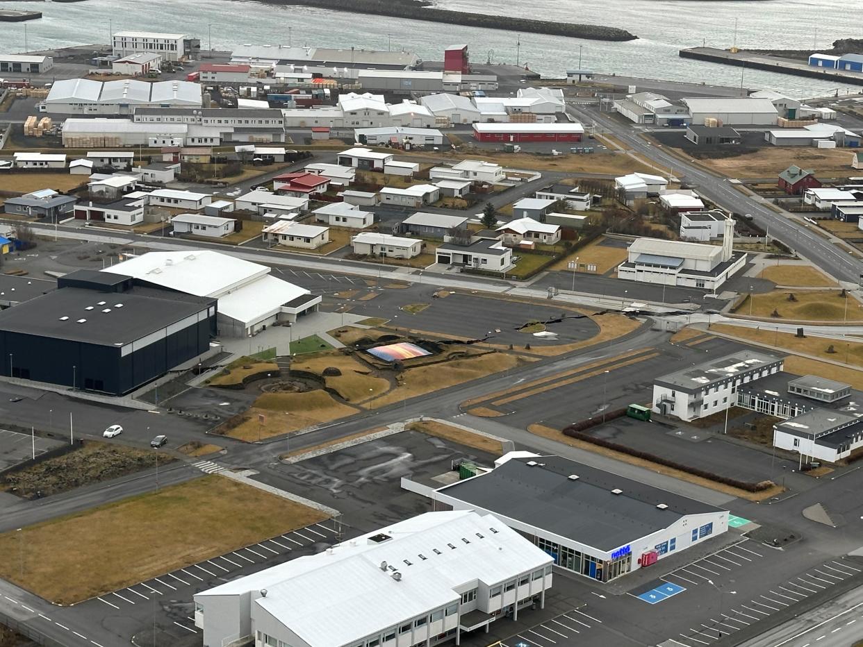 An aerial view of the town of Grindavik, which was evacuated due to volcanic activity, in Iceland (via REUTERS)