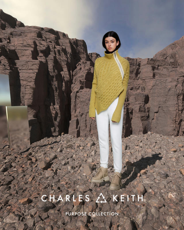 The brand&#x002019;s first metahuman, Cass, debuts alongside the Purpose Collection, set against the digital landscapes depicted by artist Jon Emmony. PHOTO: Charles & Keith