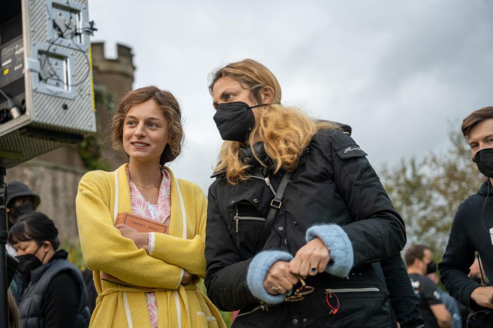 Emma Corrin as Lady Constance, Laure de Clermont-Tonnerre (Director) on the set of Lady Chatterley's Lover. (Parisa Taghizadeh/Netflix)