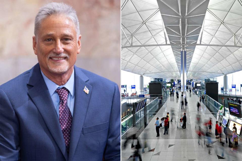 <p>Senate Republican Caucus; Getty Images</p> Jeff Wilson and an image of Hong Kong Airport