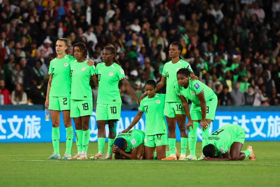 Nigeria’s players react during a penalty shootout during the Women’s World Cup round of 16 soccer match between England and Nigeria in Brisbane, Australia, Monday, Aug. 7, 2023. (AP Photo/Tertius Pickard)