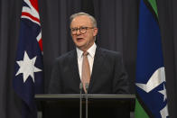 Australian Prime Minister Anthony Albanese addresses the media at Parliament House in Canberra, Monday, June 17, 2024. Chinese Premier Li Qiang, Albanese and senior ministers of both administrations met at Parliament House on Monday to discuss thorny issues, including lingering trade barriers, conflict between their militaries in international waters and China's desire to invest in critical minerals. (Lukas Coch/Pool Photo via AP)