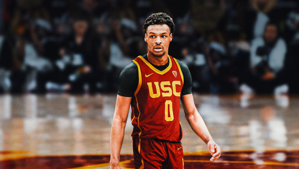 Bronny James made his long-awaited college commitment and is staying close to home to play at USC. (Illustration by Henry Russell/Yahoo Sports)