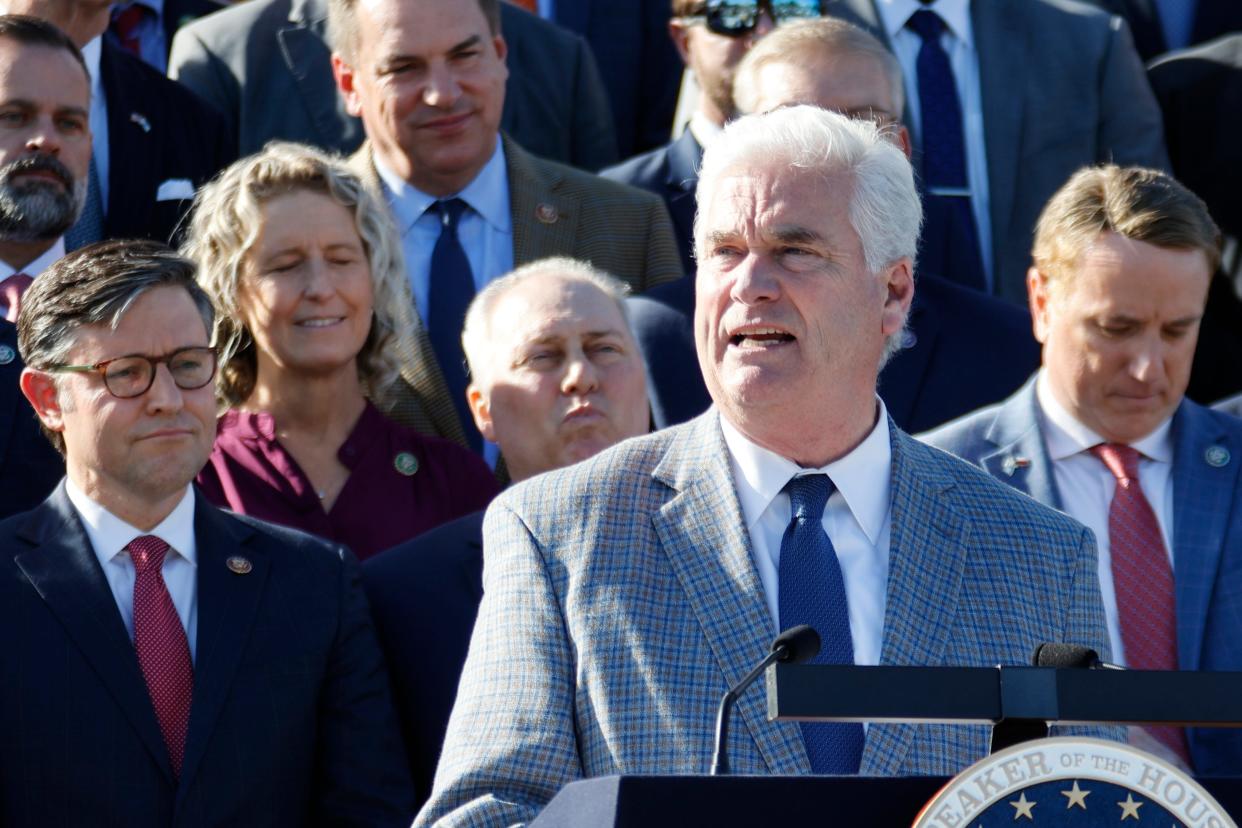 House Majority Whip Rep. Tom Emmer, R-Minn., delivers remarks as Republican House lawmakers gather on the Capitol steps after electing Rep. Mike Johnson, R-La. as the new Speaker of the House in Washington on Oct. 25, 2023.