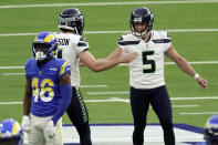 Seattle Seahawks kicker Jason Myers (5) celebrates after making a 61-yard field goal during the second half of an NFL football game against the Los Angeles Rams, Sunday, Nov. 15, 2020, in Inglewood, Calif. (AP Photo/Jae C. Hong)