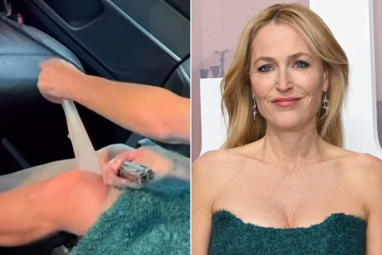 <p>Gillian Anderson/Instagram; Karwai Tang/WireImage</p> Gillian Anderson cutting her pantyhose before 
