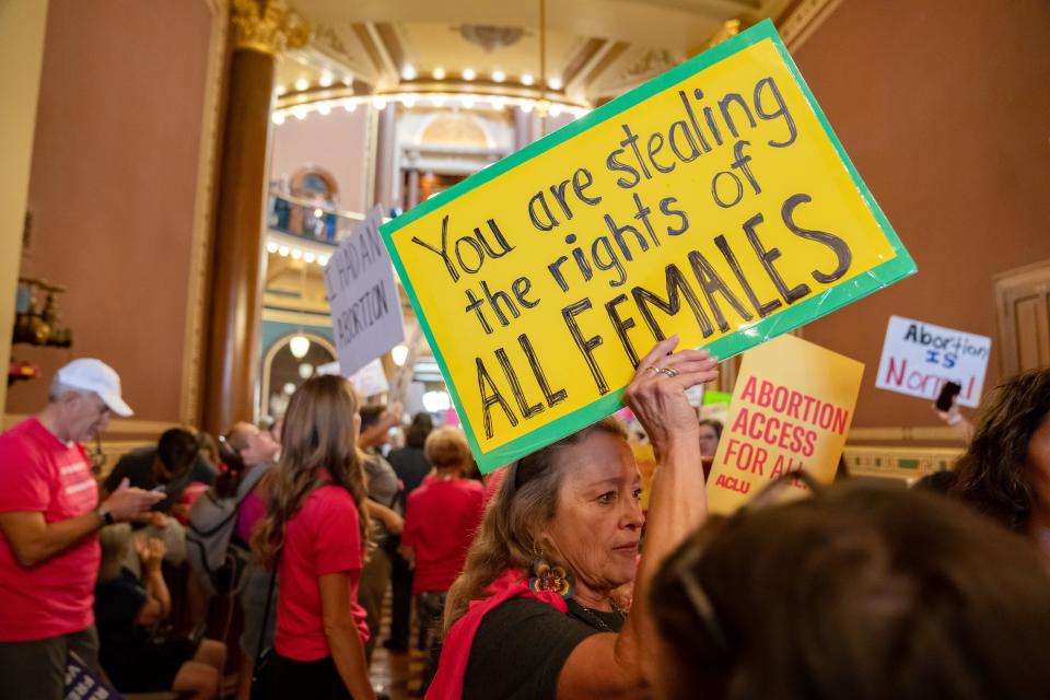 Demonstrators fill the Iowa Capitol rotunda as the Iowa Legislature convenes for a special session to pass a 6-week 'fetal heartbeat' abortion ban Tuesday, July 11, 2023.