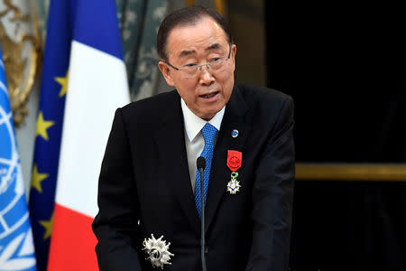 U.N. Secretary General Ban Ki-moon delivers a speech after being awarded with the Legion of Honour (Legion d'Honneur) by the French president at the Elysee Palace in Paris, France, November 17, 2016. REUTERS/Bertrand Guay/Pool/File Photo