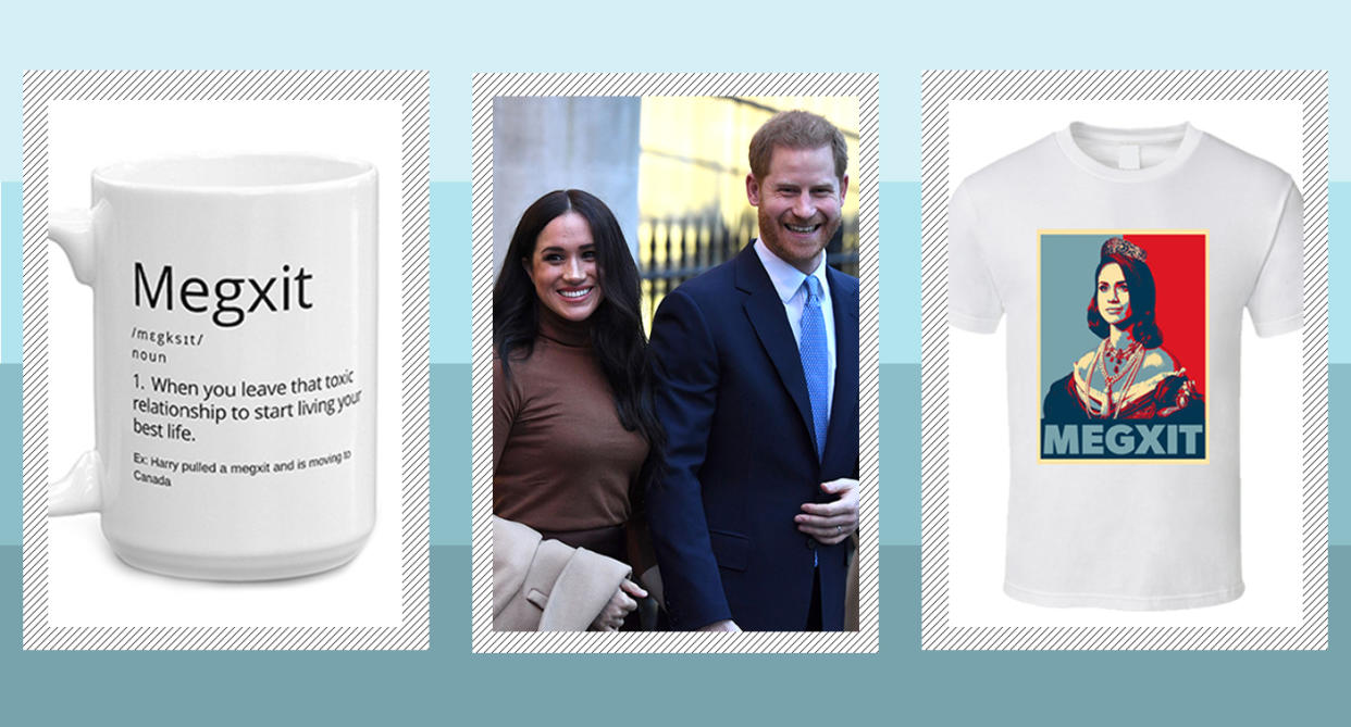 The announcement that The Duke and Duchess of Sussex will step down as senior members of the royal family has inspired 'Megxit' merch. [Photo: Etsy/Getty]