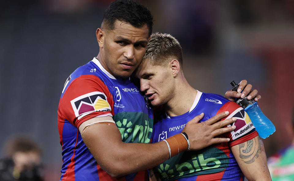 Daniel Saifiti and Kalyn Ponga, pictured here after Newcastle's loss to Canberra.