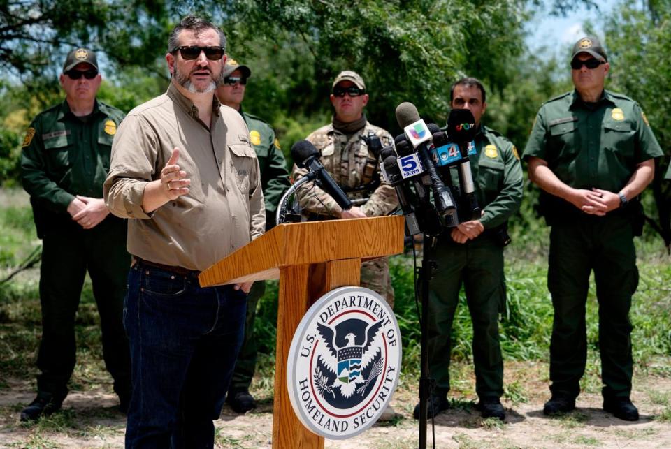 Sen. Ted Cruz speaks during the annual Border Safety Initiative Conference held close to the Rio Grande near Mission, on Monday, July 1, 2019.