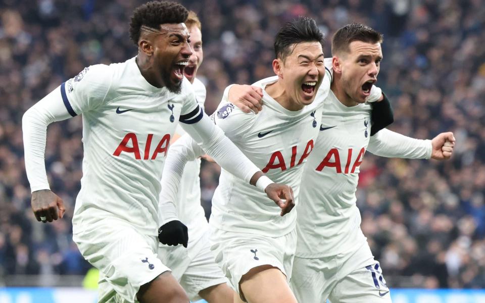 Giovanni Lo Celso, far right, celebrates with team-mates after Spurs' attacking philosophy put them ahead - Unai Emery is the Premier League manager of 2023 – he is working miracles at Aston Villa