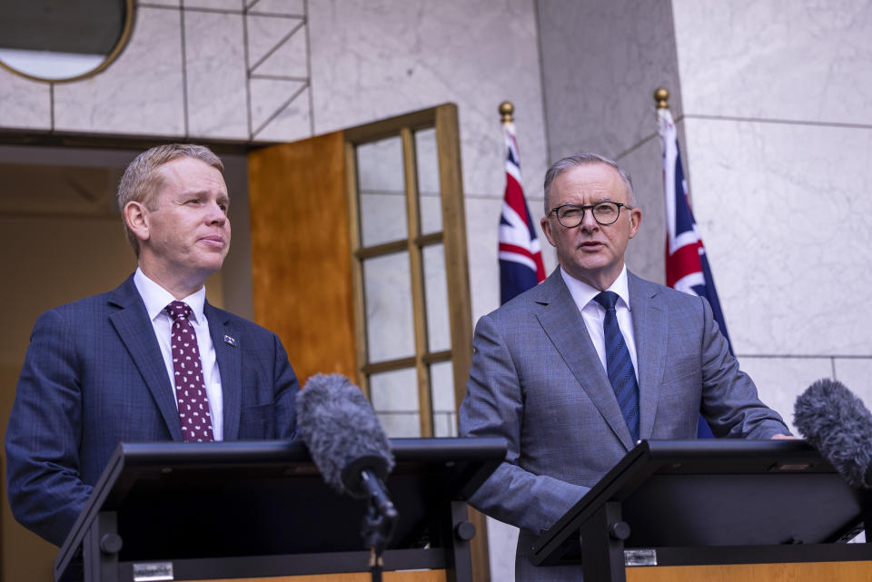 New Zealand Prime Minister Chris Hipkins left, and Australian Prime Minister Anthony Albanese hold a joint press conference in Parliament House in Canberra, Australia, Tuesday, Feb. 7, 2023. (AP Photo/Hilary Wardhaugh)