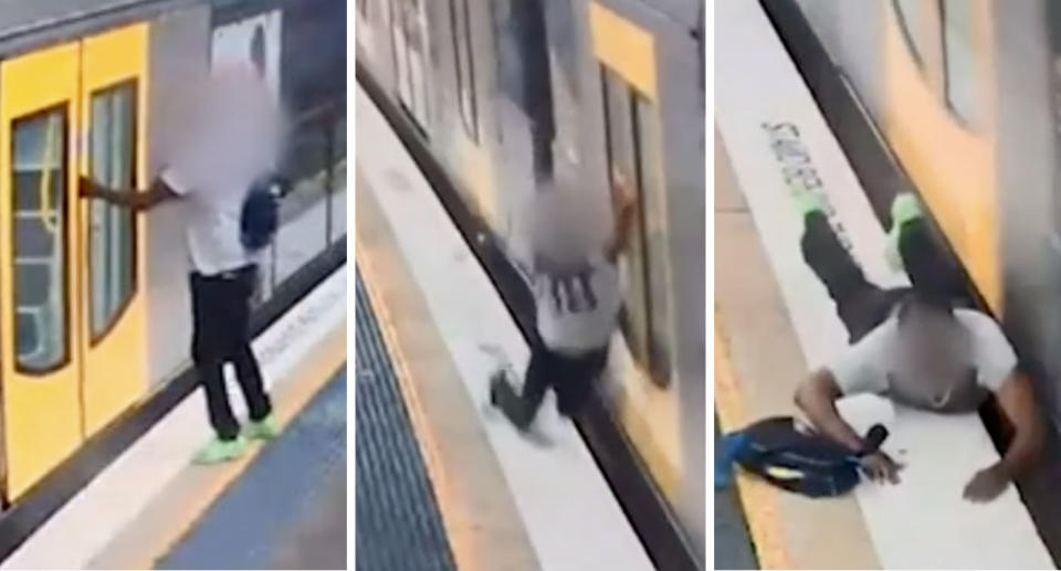 A man narrowly escaped being dragged under a Sydney train after he tried to wedge his hand between closing doors. Source: 7 News