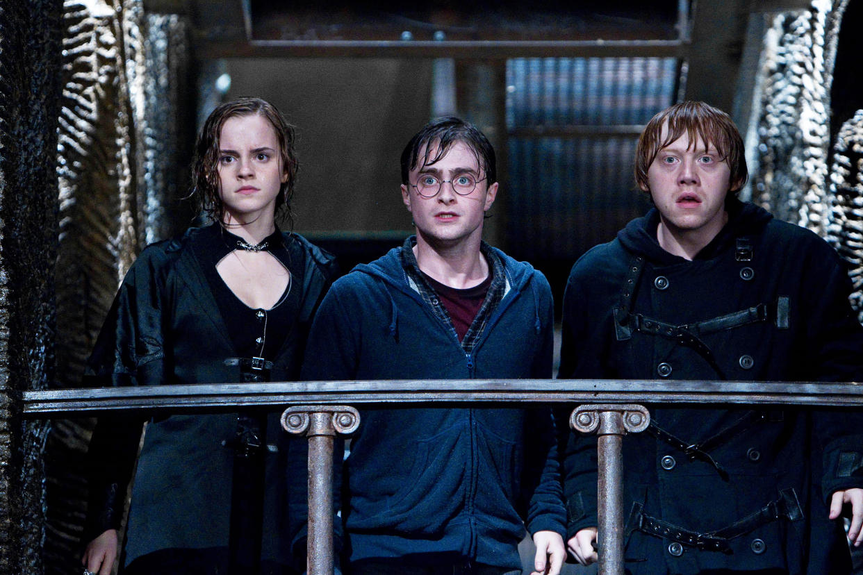 Emma Watson as Hermione Granger, Daniel Radcliffe as Harry Potter, and Rupert Grint as Ron Weasley in 