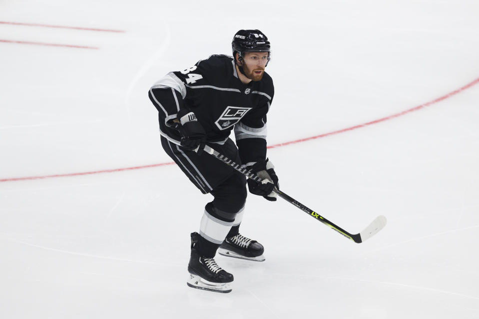 LOS ANGELES, CA - APRIL 23: Los Angeles Kings defenseman Vladislav Gavrikov (84) skates during an NHL First Round Western Conference Playoff game between the <a class="link " href="https://sports.yahoo.com/nhl/teams/edmonton/" data-i13n="sec:content-canvas;subsec:anchor_text;elm:context_link" data-ylk="slk:Edmonton Oilers;sec:content-canvas;subsec:anchor_text;elm:context_link;itc:0">Edmonton Oilers</a> and the Los Angeles Kings on April 23, 2023, at the Crypto.com Arena in Los Angeles, CA. (Photo by Ric Tapia/Icon Sportswire via Getty Images)