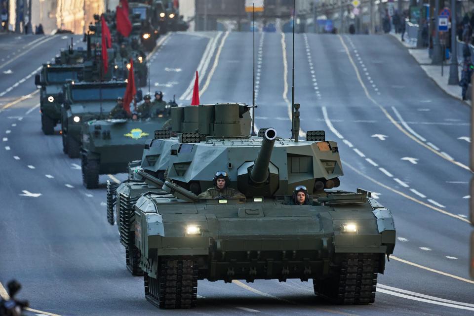 A Russian T-14 Armata tank participates in a Victory Day Parade night rehearsal on Tverskaya street on May 4, 2022 in Moscow, Russia.