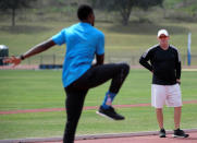 American track and field sprinter Noah Lyles trains as coach Lance Brauman watches at the National Training Center in Clermont, Florida, U.S., February 19, 2019. Photo taken February 19, 2019. REUTERS/Phelan Ebenhack