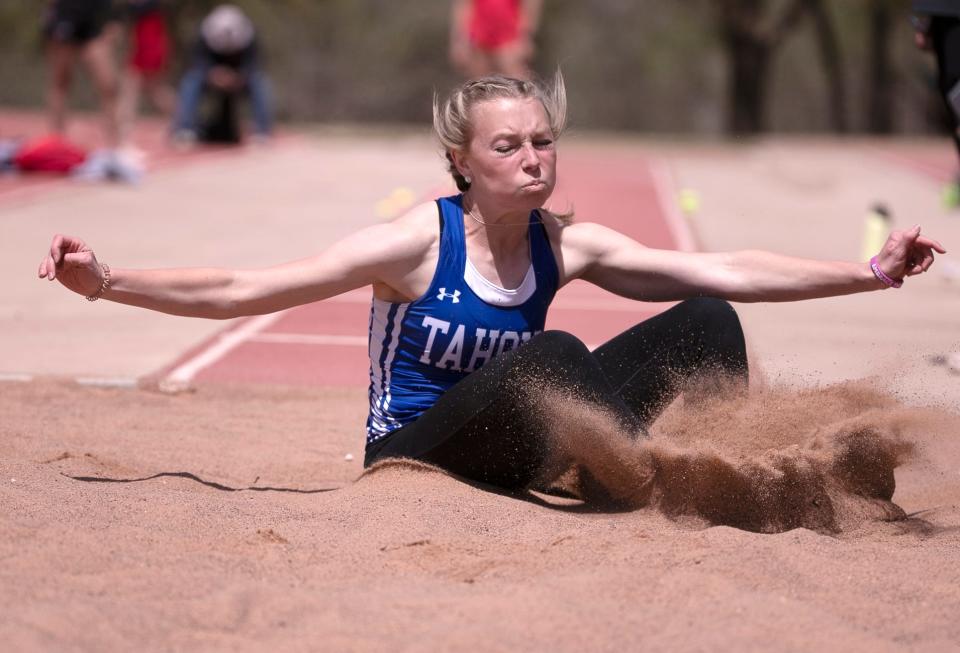 Tahoka's Grace Reglin competes in the District 5-2A long jump, Wednesday, April 5, 2023 at Slaughter Field in Sundown. 