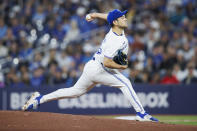 Toronto Blue Jays pitcher Yusei Kikuchi throws to a Minnesota Twins batter during the first inning of a baseball game Friday, May 10, 2024, in Toronto. (Cole Burtson/The Canadian Press via AP)