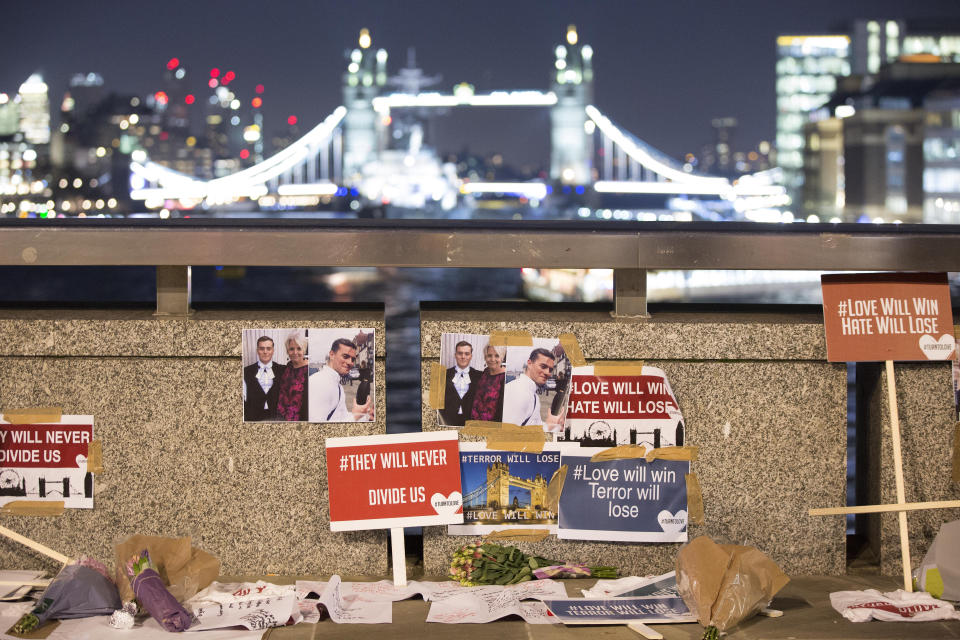 File photo dated 02/12/19 of tributes to Cambridge University graduates Jack Merritt, 25, and Saskia Jones, 23, on London Bridge, who were both stabbed to death by 28-year-old convicted terrorist Usman Khan during a prisoner rehabilitation event they were supporting in London on Friday. Inquests into the deaths of the London Bridge terror attack victims will be opened at the Old Bailey.