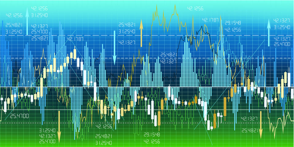 Up-and-down graph in shades of blue and green