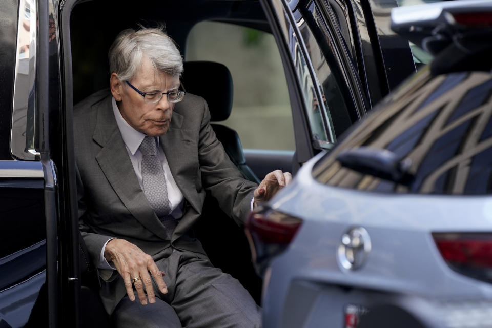 Author Stephen King arrives at federal court before testifying for the Department of Justice as it bids to block the proposed merger of two of the world's biggest publishers, Penguin Random House and Simon & Schuster, Tuesday, Aug. 2, 2022, in Washington. (AP Photo/Patrick Semansky)