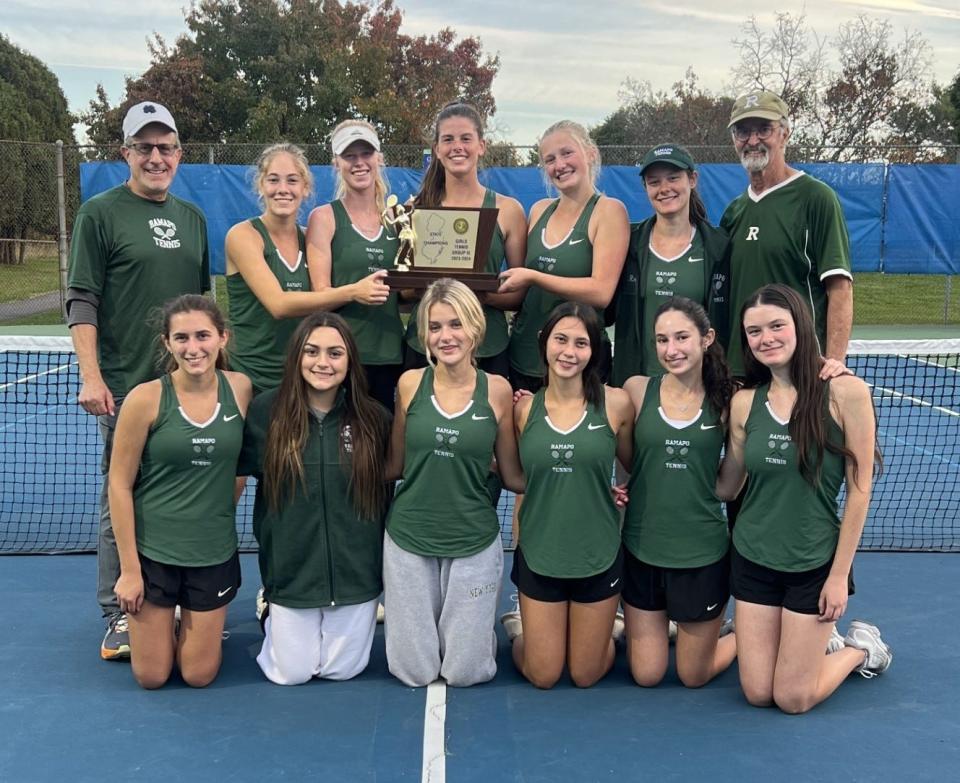 The Ramapo girls tennis team defeated Millburn, 3-2, in the NJSIAA Group 3 final at Mercer County Park in West Windsor on Oct. 19, 2023. It was the final match for Raiders coach Kim Marchese (back row, far right), who is retiring after 40 seasons.