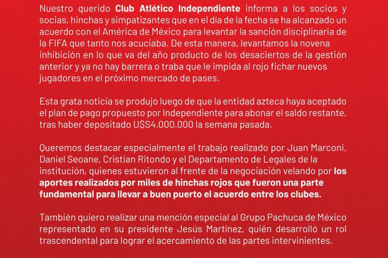 Comunicado oficial de Independiente