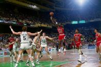 In one of his most memorable playoff performances, Michael Jordan scored 63 points against the Boston Celtics in Game 2 of their first-round playoff series in 1986. The Bulls lost in double overtime, but Jordan's performance prompted Larry Bird to say that he had just seen "God, disguised as Michael Jordan". (Getty Images)