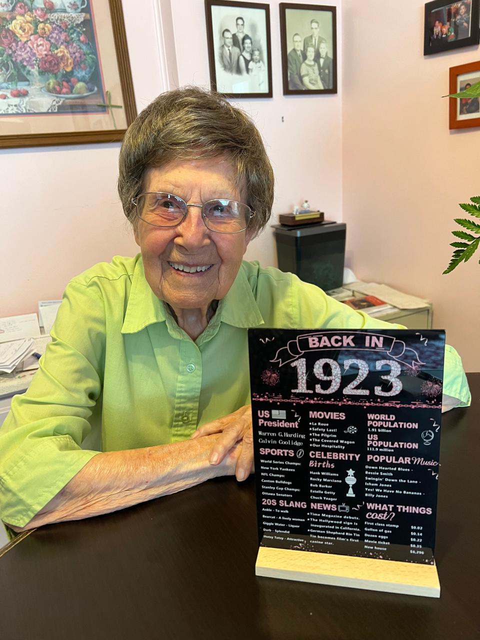 Mary Litwhiler turned 100 on June 2, 2023. She said she didn't want any gifts but her family got her a few, including this "Back in 1923" sign.