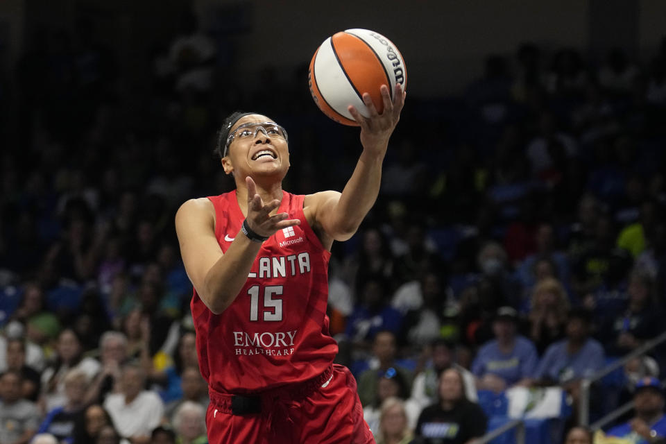 Atlanta Dream guard Allisha Gray goes up for a shot in the first half of Game 2 of a first-round WNBA basketball playoff series against the Dallas Wings, Tuesday, Sept. 19, 2023, in Arlington, Texas. (AP Photo/Tony Gutierrez)