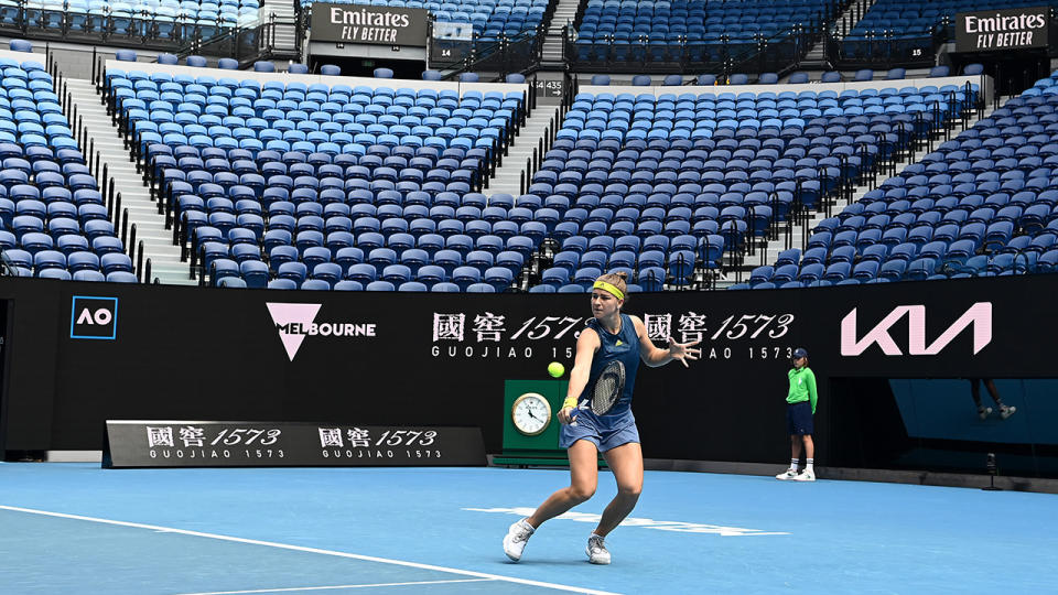 Karolina Muchova, pictured here playing in front of an empty crowd at the Australian Open.